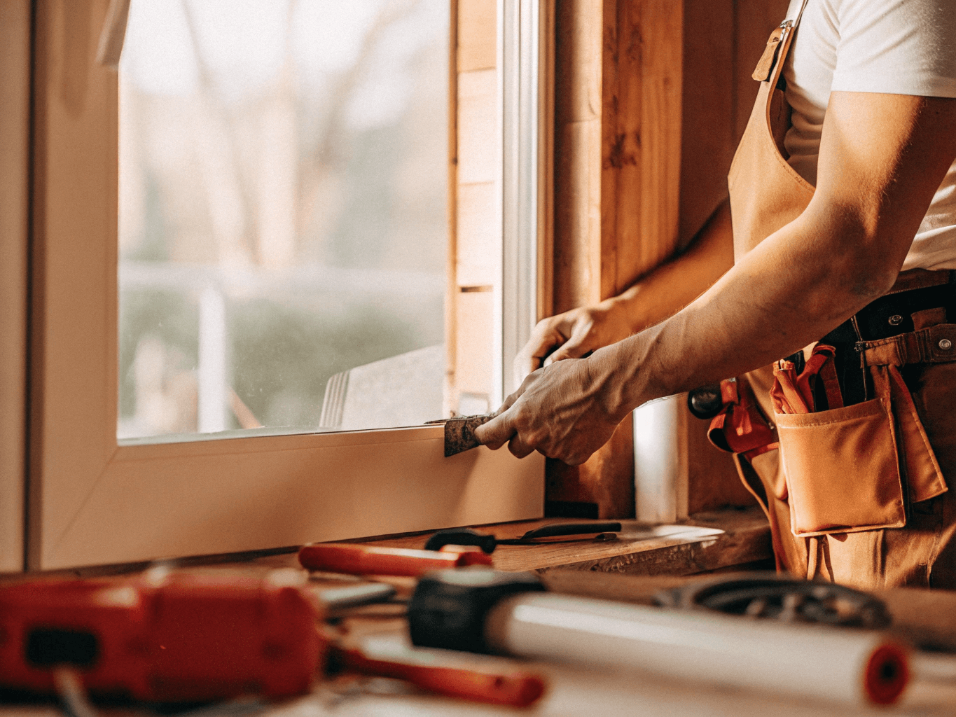 A tradesperson working on a window frame
